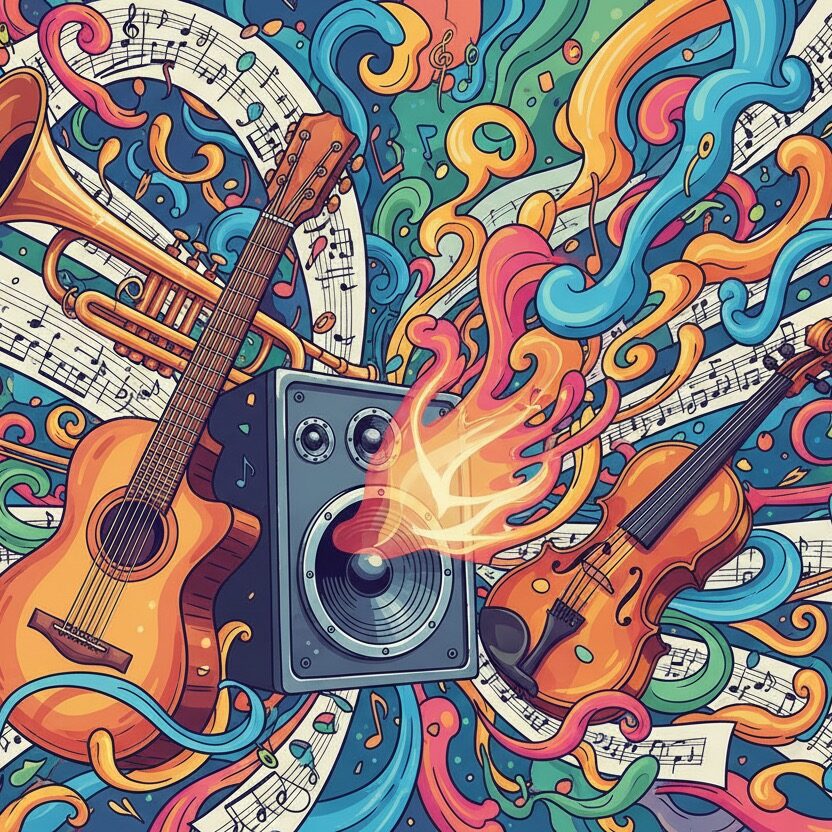 Eine bunte, abstrakte Illustration mit einer Gitarre, einer Trompete, einer Geige und einem Lautsprecher vor einem Hintergrund aus Notenblättern und geschwungenen, farbenfrohen Formen.